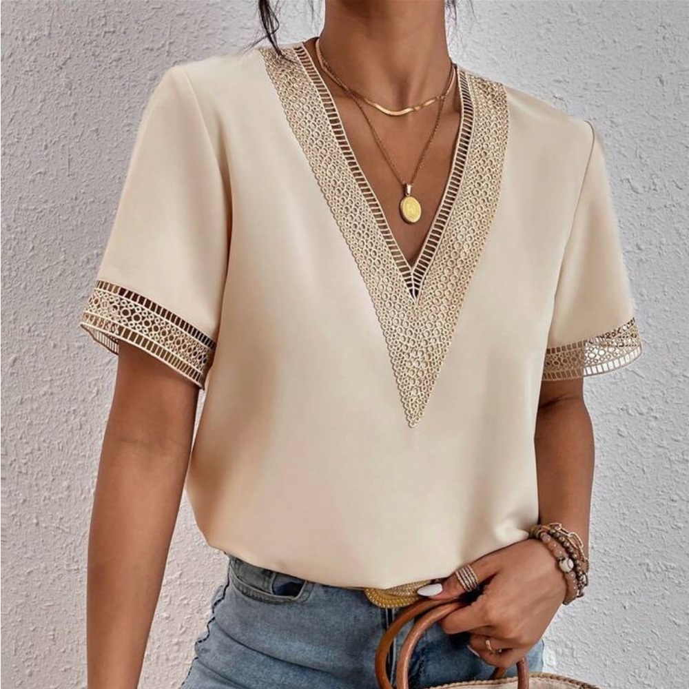 03 Bohemian V neck Lace Solid Minimalist Blouse - Picture 3 of 6